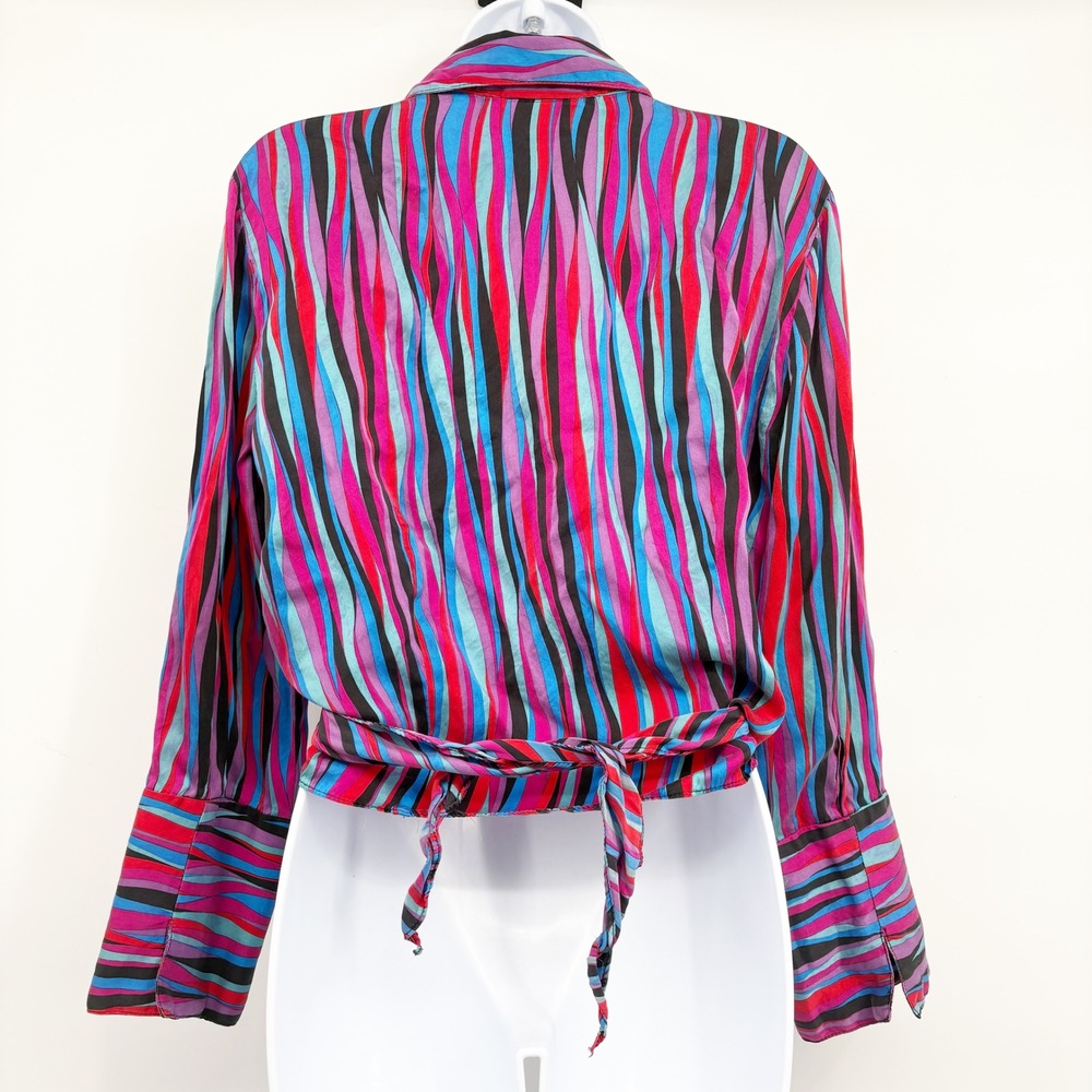 Cache Womens Multicolor Striped Y2K Retro Vibrant Wrap Front Silk Top Size L - Picture 6 of 6